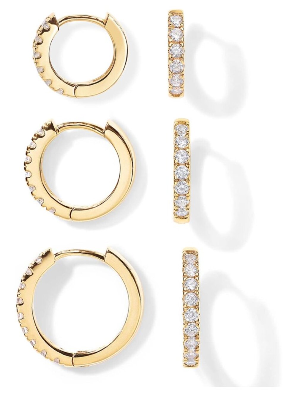 14K Gold Plated Huggie Hoop Earrings Set of 3 CZ Sterling Silver Posts